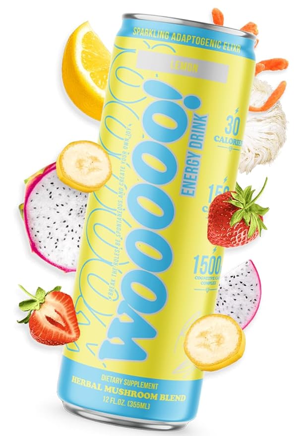 Wooooo! Energy Ric Flair Sparkling Adaptogenic Mushroom Energy Drink | Natural Antioxidants & Nootropics | Lion’s Mane & Cordyceps | 150mg Caffeine | 12 Pack (Lemon)