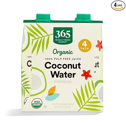 365 by Whole Foods Market, Organic Coconut Water, 100% Pulp-Free Juice, 16.9 Fl Oz per Carton, Pack of 4