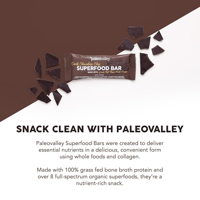 Paleovalley Superfood Bars – Dark Chocolate Chip– 10 Pack – 9g Protein per Bar – Gluten-Free, Grain-Free, Paleo, Non-GMO – On-the-Go Snack