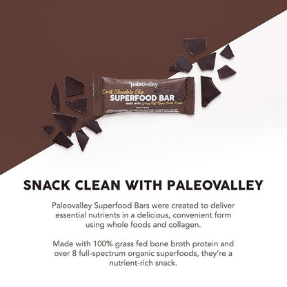 Paleovalley Superfood Bars – Dark Chocolate Chip– 10 Pack – 9g Protein per Bar – Gluten-Free, Grain-Free, Paleo, Non-GMO – On-the-Go Snack