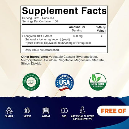 Vitamatic Fenugreek Capsules Extra Strength 3000 mg Equivalent Per Serving (from 10:1 Extract 300 mg) - Trigonella Foenum-Graecum - Methi Seeds Powder Pills - 320 Vegetarian Capsules