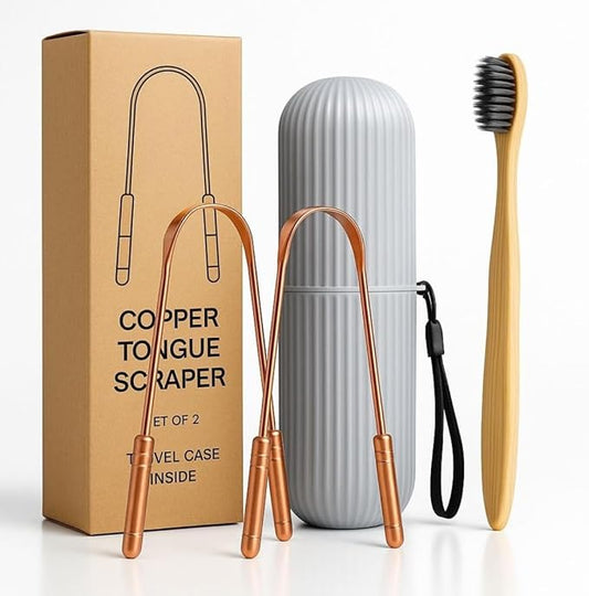 Tongue Scraper Set (2 Pack) – Pure Copper Cleaner Kit with Bamboo Toothbrush with Charcoal Bristles & Travel Case – Daily Oral Hygiene Tool for Men & Women