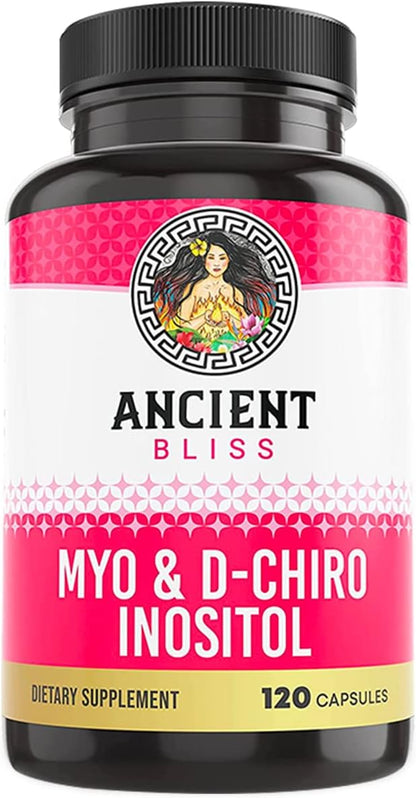 Ancient Bliss Myo & D-Chiro Inositol Supplement, 40 to 1 Ratio, Helps in Ovarian Function Support for Women, Vitamin B8 Helps to Regulate Menstrual Cycle, 2050mg per Serving, 120 Vegan Capsules