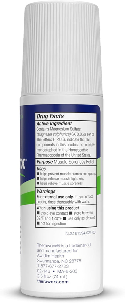 Theraworx Relief for Muscle Cramps Roll-On Fast-Acting Muscle Spasm, Leg Soreness with Magnesium Sulfate - 2.5 oz - 1 Count