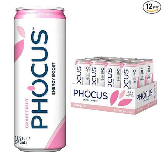 PHOCUS Caffeinated Sparkling Water, Grapefruit, 75mg Natural Caffeine Plus L-Theanine, Zero Sugar, Zero Calories, No Artificial Sweeteners, 11.5 fl oz Cans (Pack of 12)