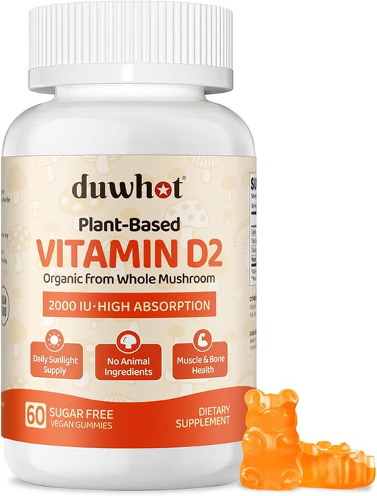 Vitamin D2 Gummies 2000 IU, Plant-Based D2 Vitamin Ergocalciferol Supplement from Whole Mushroom, Bone, Muscle, Teeth & Immune Support, Daily Sunshine Supply, Vegan, Non-GMO, Orange, 60
