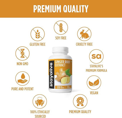 STAY ALIVE Pure Ginger Root Capsules 1000mg, 10:1 Extract Powder with 5% Gingerols, 120 Pills, Extra Strength Root Powder, Vegan, Non-GMO and Gluten-Free Ginger Supplement