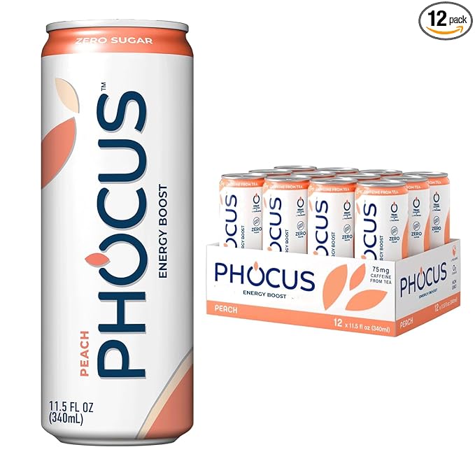 PHOCUS Caffeinated Sparkling Water, Peach, 75mg Natural Caffeine Plus L-Theanine, Zero Sugar, Zero Calories, No Artificial Sweeteners, 11.5 fl oz Cans (Pack of 12)