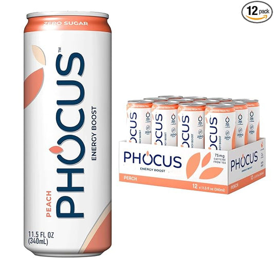 PHOCUS Caffeinated Sparkling Water, Peach, 75mg Natural Caffeine Plus L-Theanine, Zero Sugar, Zero Calories, No Artificial Sweeteners, 11.5 fl oz Cans (Pack of 12)