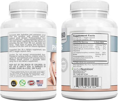 Phytoceramides Rice Based with Biotin Anti Aging Supplement, Wrinkle Remover and Facial Moisturizing with Phytoceramides Vitamin A, C, D and E, Two Bottle Pack, 120 Capsules 40mg, Gluten Free