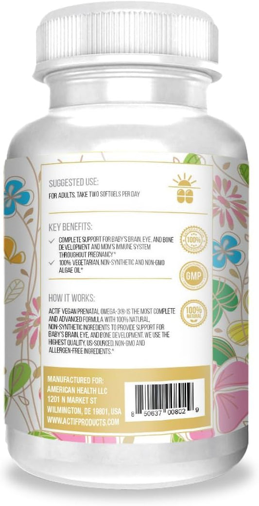 Actif Organic Vegan Prenatal Omega-3 with High Strength Algae Oil Formula, 100% Natural, Gluten-Free, Non-GMO, 90 Count