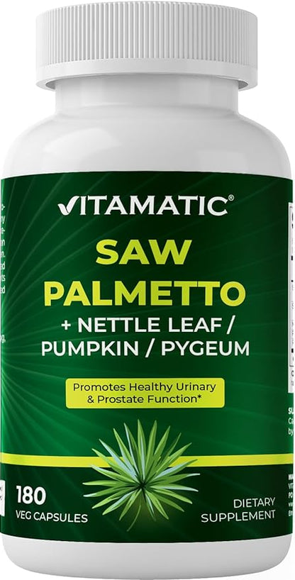 Vitamatic Saw Palmetto Extract for Men & Women 180 Veg Capsules - Made with Pumpkin Seed, Pygeum, Nettle Leaf - Made in The USA - Promotes Healthy Prostate Function-2 Pack