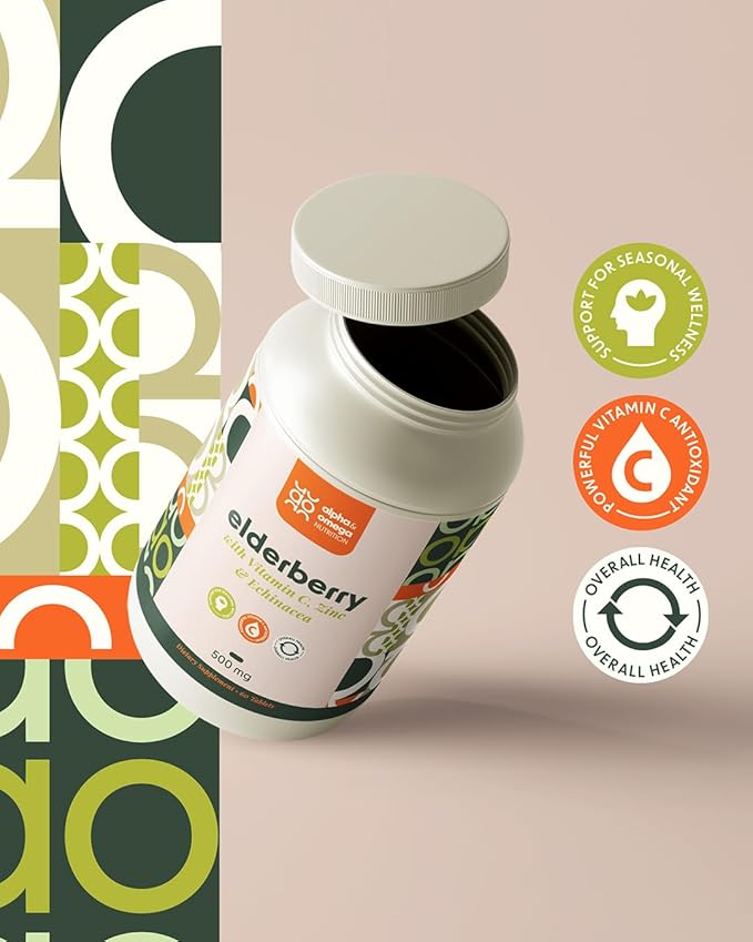 Alpha & Omega Nutrition Elderberry 500mg, with Vitamin C, Zinc and Echinacea, Supports Health Immune System, Antioxidant Protection, Non GMO, 60 Tablets, 2 Month Supply