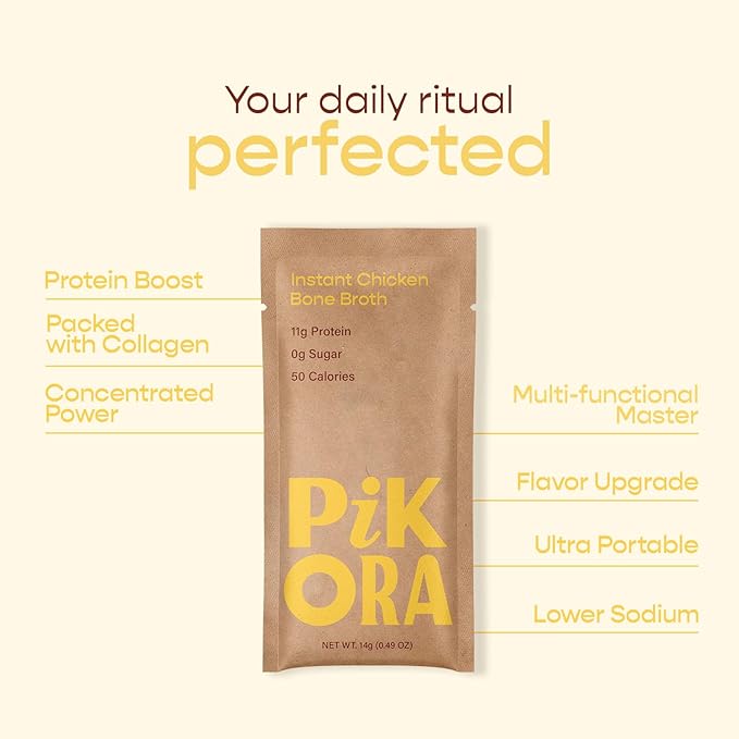 Pikora Chicken Bone Broth Instant Powdered Mix (1 Pack, 4 Servings) | High-Protein, Low-Sodium, Gluten-Free, Collagen-Rich, No Sugar, Keto & Paleo Friendly | 11g Protein, 50 Calories per Serving