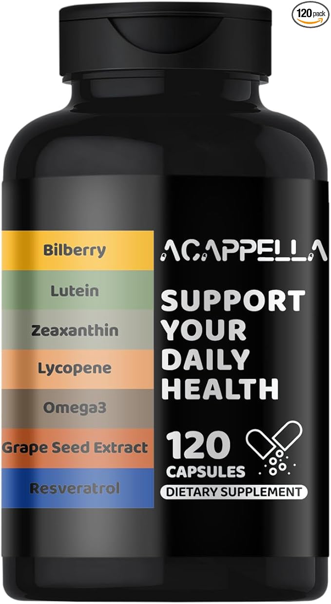 ACAPPELLA Bilberry Lutein Zeaxanthin Lycopene Omega-3 Grape Seed Extract Resveratrol Capsule Bilberry Supplement for Eyes with Multivitamins (1)