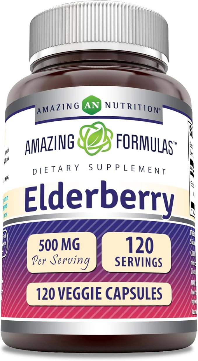 Amazing Formulas Elderberry Supplement | 500 Mg Per Serving | 120 Veggie Capsules | 10:1 Concentrate | Non-GMO | Gluten-Free | Made in USA