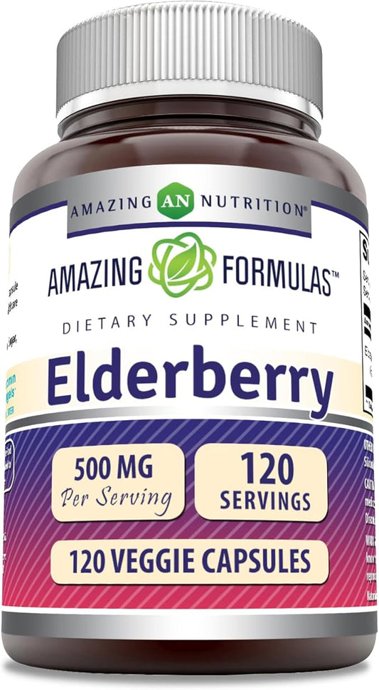 Amazing Formulas Elderberry Supplement | 500 Mg Per Serving | 120 Veggie Capsules | 10:1 Concentrate | Non-GMO | Gluten-Free | Made in USA