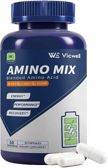 Amino Acid, Supports Muscle Recovery and Lean Muscle Growth, Enhances Energy and Endurance, Contains Essential Amino Acids and BCAAs, 90 Capsules (1 Bottles)