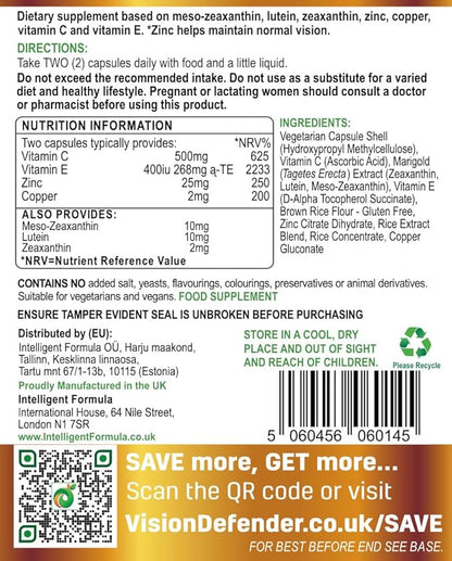 Vision Defender Plus Eye Supplement: AREDS2 Formula Vitamins, Minerals (Lutein, Zinc) Enhanced with Meso-Zeaxanthin for Complete Eyes/Eyesight Health Care & Support. 60 Easy-to-Swallow Vegan Capsules