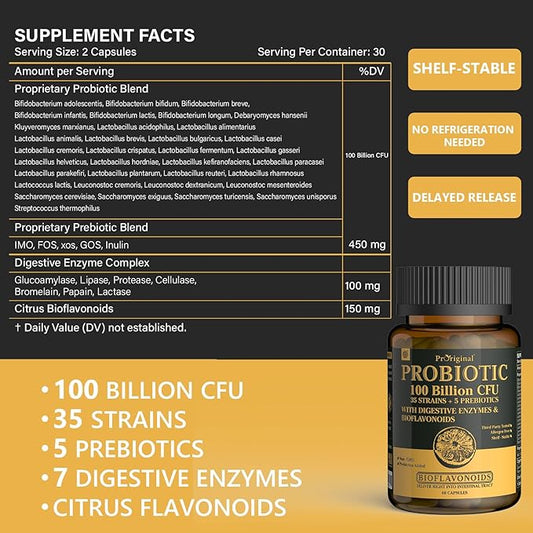 Organic Probiotics for Women & Men, 100 Billion CFU Probiotic for Digestive, Gut & Immune Health - with Prebiotics, Bioflavonoids & Digestive Enzyme, 35 Strains Raw Probiotic Supplement, 180 Caps