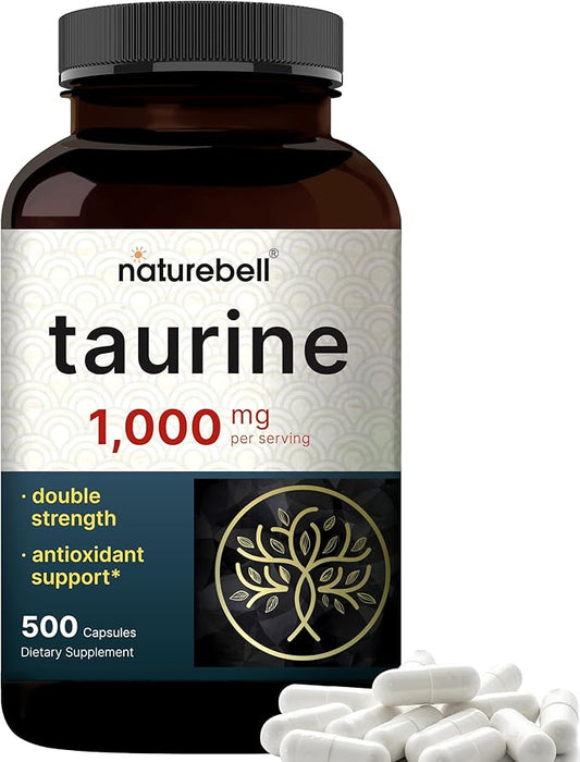 NatureBell Taurine 1,000mg Per Serving, 500 Capsules | Essential Amino Acids Supplement – Double Strength – Antioxidant Support for Heart, Muscle, Brain, & Liver Health – Non-GMO, Gluten Free