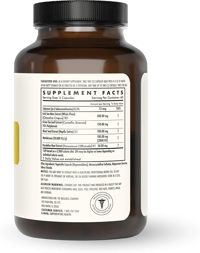 The Wellness Company Spike Support - Detox, Immune Health, Blood Flow, Anti-Clotting - Nattokinase, Dandelion Root, & Black Sativa | 120ct (2 Month Supply)
