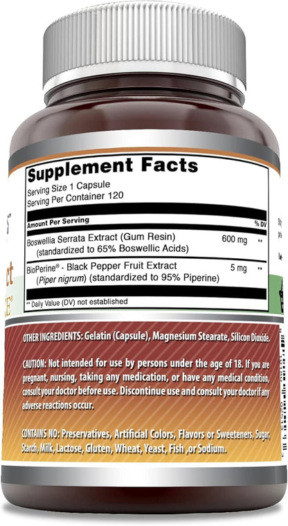 Amazing Formulas Boswellia Extract with Bioperine Supplement | 600 Mg per Serving | Capsules | Non-GMO | Gluten-Free | Made in USA (1 Pack, 120 Count)