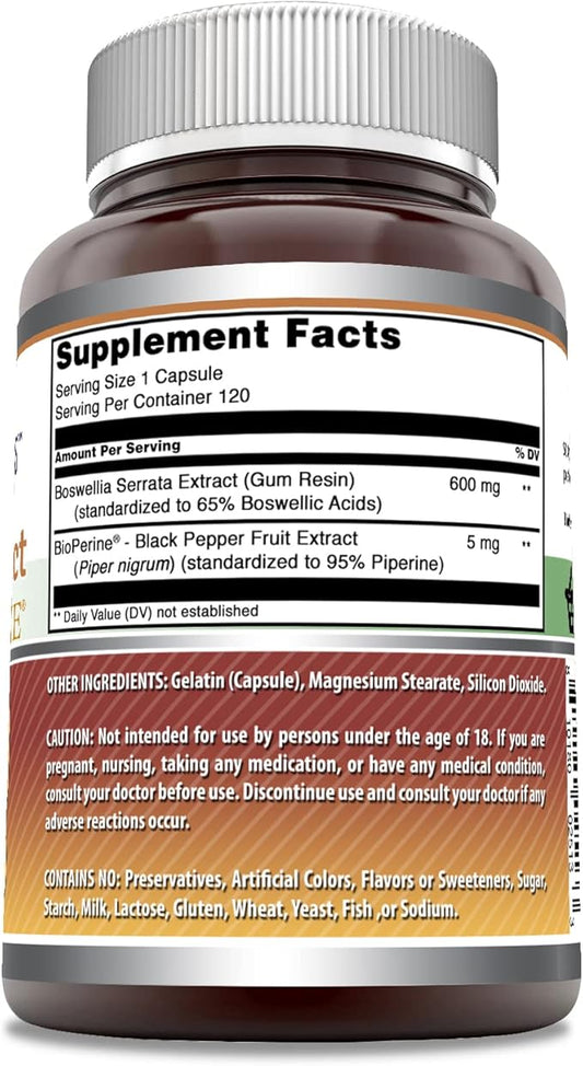 Amazing Formulas Boswellia Extract with Bioperine Supplement | 600 Mg per Serving | Capsules | Non-GMO | Gluten-Free | Made in USA (1 Pack, 120 Count)
