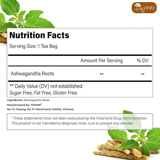 TOG999, Premium 120 Ashwagandha Root Tea Bags, 100% Natural & Pure from Ashwagandha Root. No Sugar, No Caffeine, No Gluten, Vegan.