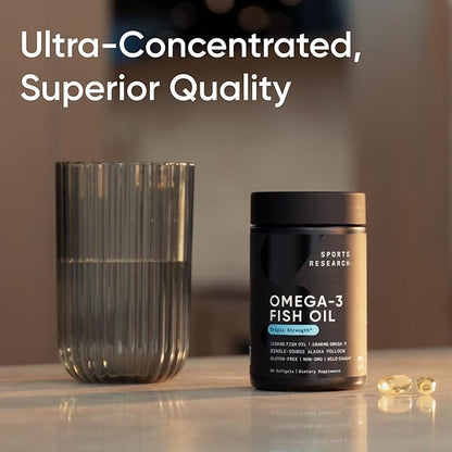 Sports Research Triple Strength Omega 3 Fish Oil - Burpless Fish Oil Supplement w/EPA & DHA Fatty Acids from Single-Source Wild Alaskan Pollock - 1250 mg, 180 ct