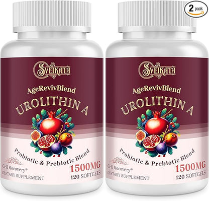 Urolithin A Supplement 1500mg – Advanced Urolithin Formula with Probiotic & Prebiotic Complex and 30% Pomegranate Extract – for Energy, Mitochondrial & Antioxidants – 120 Softgels (2 Bottles)