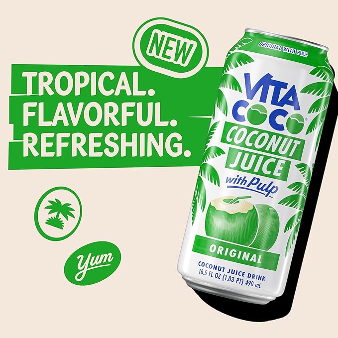 Vita Coco Coconut Juice, Original with Pulp | Big, Bold Coconut Taste | Natural Electrolytes | Sweet, Refreshing Hydration | 16.9 oz can (Pack of 12)