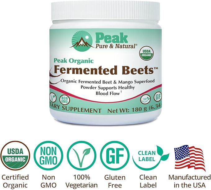 Peak Pure & Natural Peak Organic Fermented Beets - Organic Fermented Beet Powder Superfood Drink Powder - Nitric Oxide Supplement Support for Normal Blood Pressure