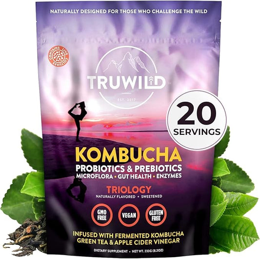 TruWild Natural Kombucha Powder Probiotic Supplement Vegan Drink Mix – Gut Health Digestive Enzymes w/Live Cultures + Apple Cider Vinegar & Prebiotics – 20 Servings