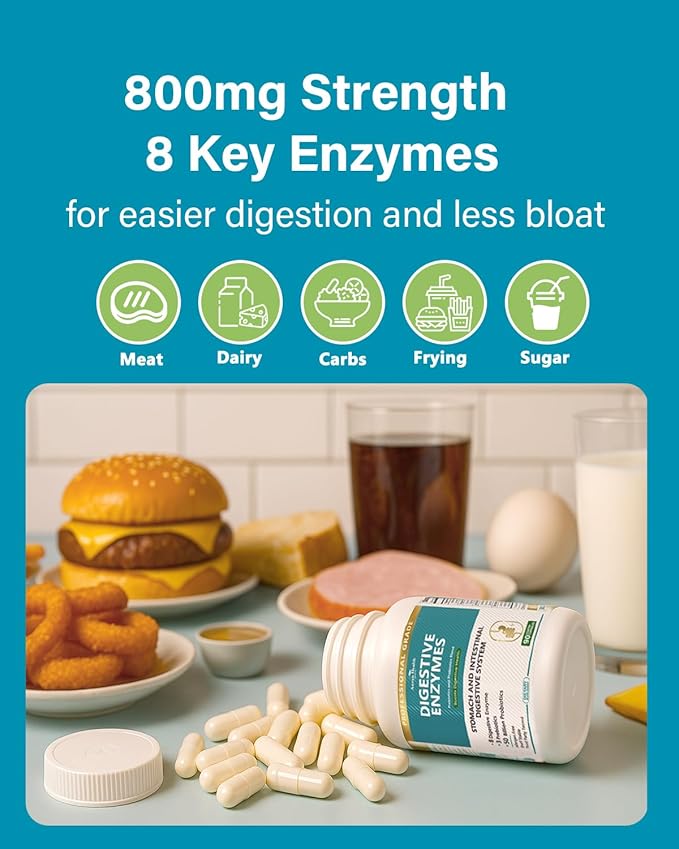 800mg Digestive Enzymes for Men and Women with Probiotics & Organic Prebiotics, 8 Key Enzymes, Protease, Amylase & Lipase for Bloating, Gas Relief, Non-GMO | 90 Capsules