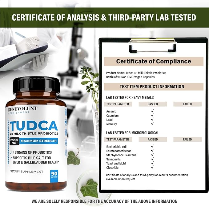 2000mg TUDCA Bile Salts Supplement Complex | Supports Liver Detox & Cleanse, Gallbladder, Gut & Kidney Health | 4:1 Milk Thistle + Probiotics for Max Absorption| USA Made | 90 Non-GMO V Capsules