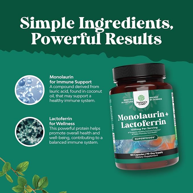 Natures Craft High Strength Lactoferrin & Monolaurin Supplement - Microbiome Digestive Health Immune Support Supplement - 250mg Lactoferrin and Monolaurin 1000mg Capsules - Vegetarian (90 Servings)