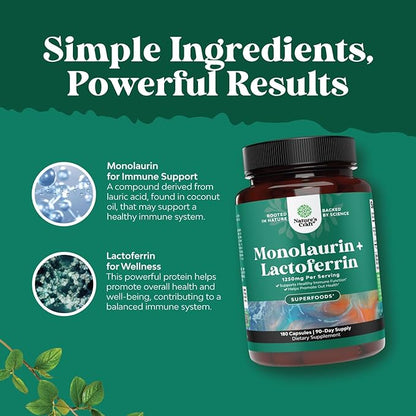 Natures Craft High Strength Lactoferrin & Monolaurin Supplement - Microbiome Digestive Health Immune Support Supplement - 250mg Lactoferrin and Monolaurin 1000mg Capsules - Vegetarian (90 Servings)