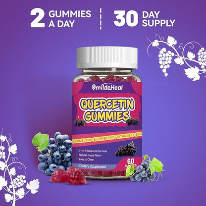 Quercetin Gummies 1200MG, Quercetin Gummies with Bromelain, Zinc Vitamin C, Quercetin Supplement Gummies for Adult & Kid, 60 Vegan Gummies