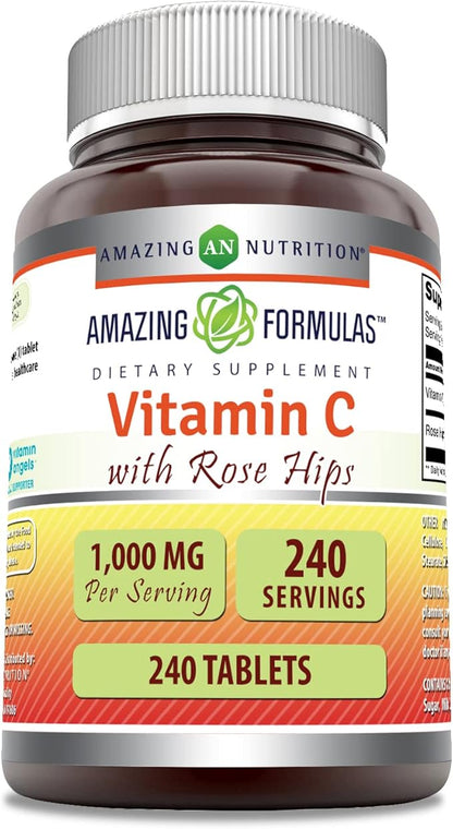 Amazing Formulas Vitamin C with Rose HIPS 1000 Mg 240 Tablets Supplement | Non-GMO | Gluten Free | Made in USA