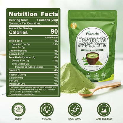 Veltracha Mushroom Matcha Latte, Ceremonial Grade Matcha with Blue Spirulina & Ashwagandha, Adaptogenic Mushrooms Matcha Powder for Focus, Energy, Gut Health & Immunity, 10.58oz