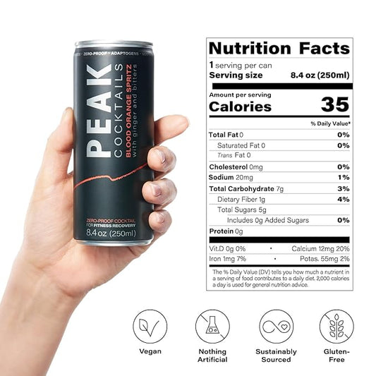 Peak Cocktails Non-Alcoholic Cocktail | Adaptogens, Nootropics, Superfoods for Recovery, Calm, Sleep | Ashwagandha, Tart Cherry, L-Theanine | Mixologist-crafted | Blood Orange Spritz | 8.4 oz, 12-Pack
