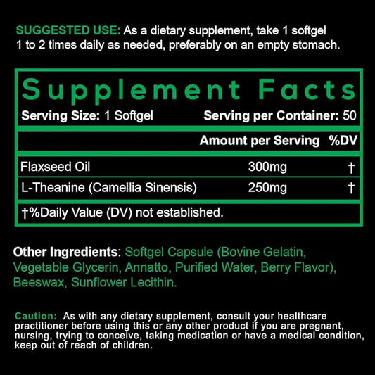Smarter L-Theanine 250mg Supplement, in Non-GMO Flaxseed Oil, 50 Liquid Softgels