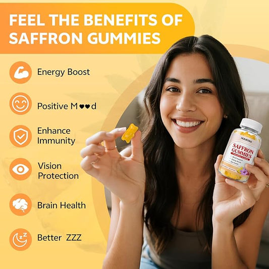 10-IN-1 Saffron Gummies, Sugar Free Saffron Supplements with Ashwagandha, L-Theanine, Rhodiola Rosea, Vitamin D3, B6, Magnesium & Zinc for Mood, Energy, Focus Support, Pineapple Flavor, 60 Count