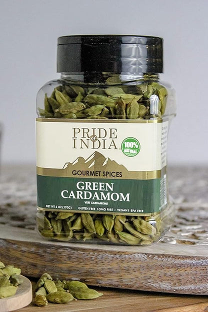 Pride of India – Green Cardamom Whole – Gourmet & Aromatic Spice – Flavoring agent for bakes/teas/drinks & more – Full Bodied Green Pods – 6 oz. Medium Dual Sifter Jar
