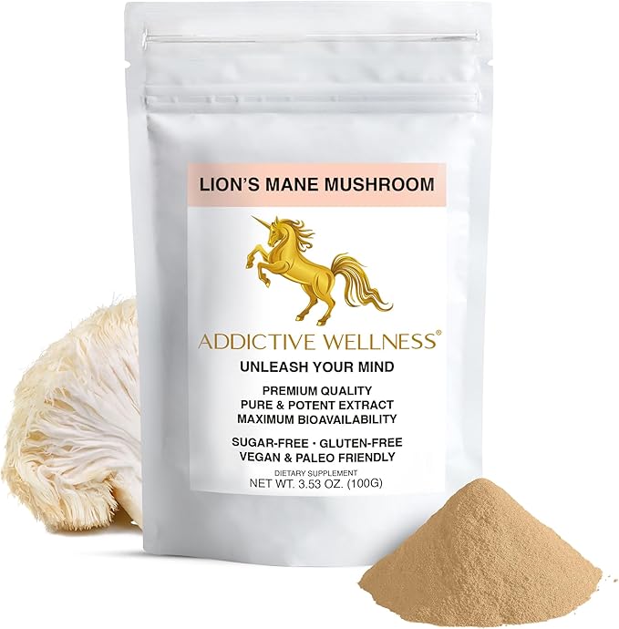 Addictive Wellness Lions Mane Supplement Powder, Premium Quality Lions Mane Mushroom Powder Dual-Extract Nootropic, Sugar Free, Vegan & Paleo Lion's Mane Mushroom Supplement - 1500 mg (100 Grams)