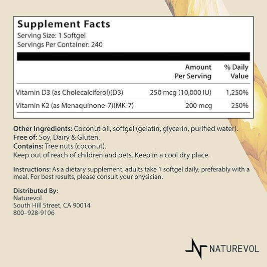 Vitamin D & K Complex with Coconut MCT Oil | D3 10000 IU Plus K2 (MK-7) 200 mcg for Healthy Muscle Function & Immune Support | Easy to Swallow | Soy & Gluten Free - Mini Softgels (240 Servings)