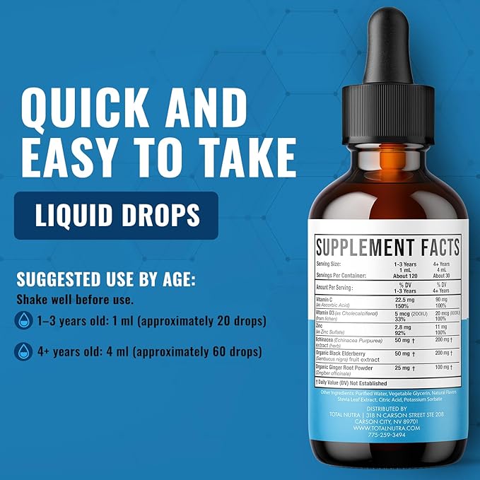 Total Immune 6-in-1 Liquid Multivitamin Supplement | 100% Daily Zinc, Vitamin D3, Vitamin C Immunity Drops Vitamin Liquid | Elderberry, Echinacea, Ginger Support for Adults & Kids | 4 oz Passion Fruit