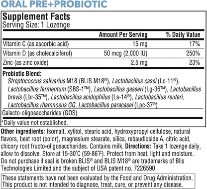 StellaLife Probiotics Oral PRE+PROBIOTICS LOZENGES: 27B CFU, 11 Strains, Dental Probiotics for Healthy Teeth/Gums, Bad Breath, VIT C & D, Zinc, Strawberry Flavor (30-Day Supply)