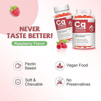 2 Pack CoQ10 Gummies 250 mg, Plus Omega-3, Magnesium, Vitamin B12 for Cellular Energy, Brain & Antioxidant, 5X Better Absorption Coenzyme Q10 Supplement, Raspberry Flavored Gummies - 120 Cts